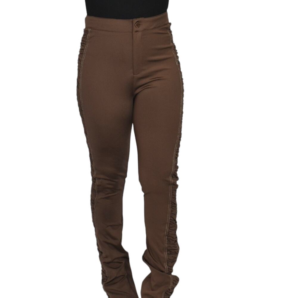 Maniere de Voir Pants Brown Ruched Side Ankle Zip Straight High Waist Straight 4